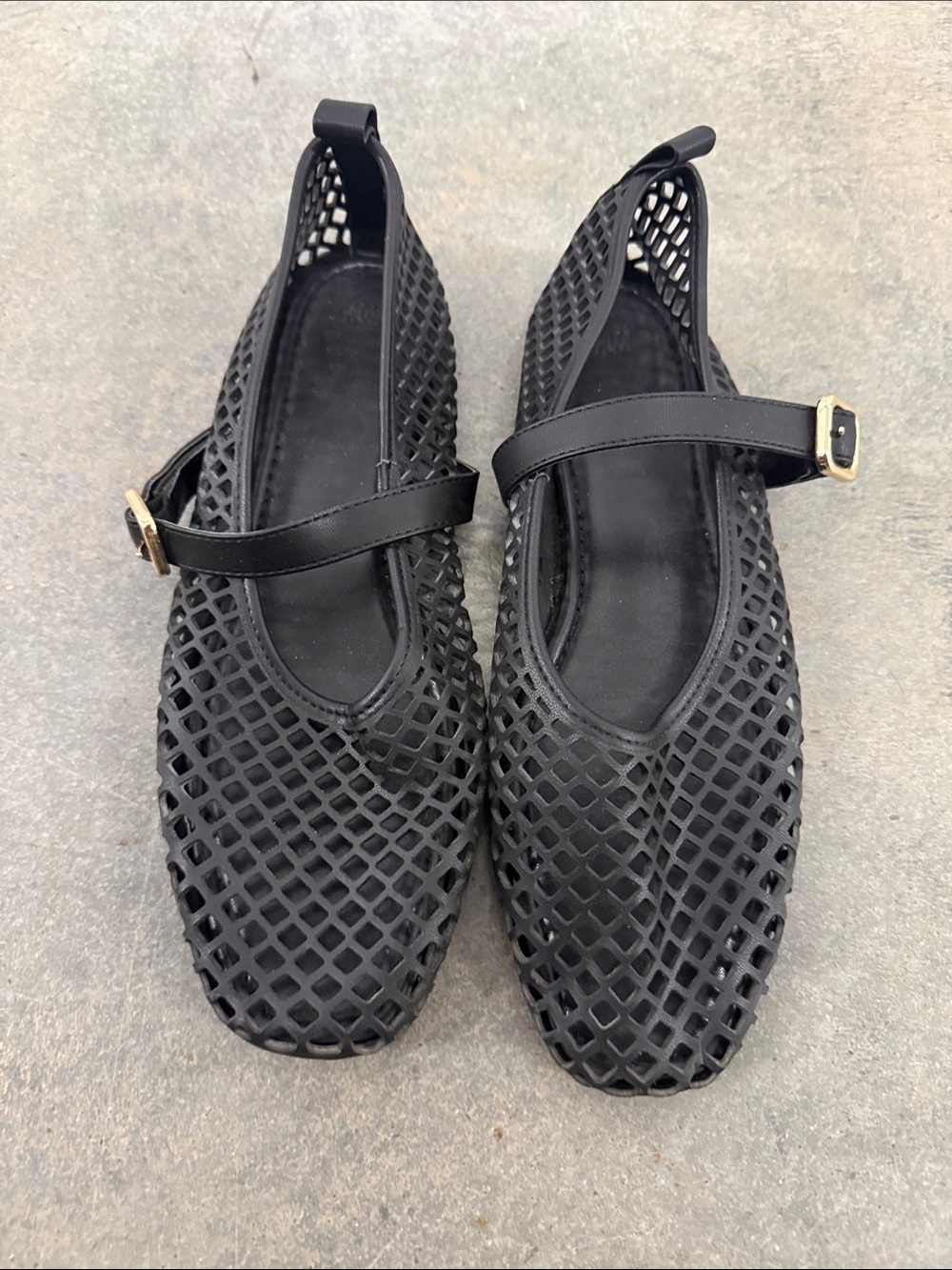 H&M Black Mesh Mary Jane Flats with Gold Buckles